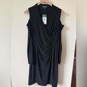 New Lauren Ralph Lauren Cold Shoulder Long Sleeve V Neck Black Dress Size 8
